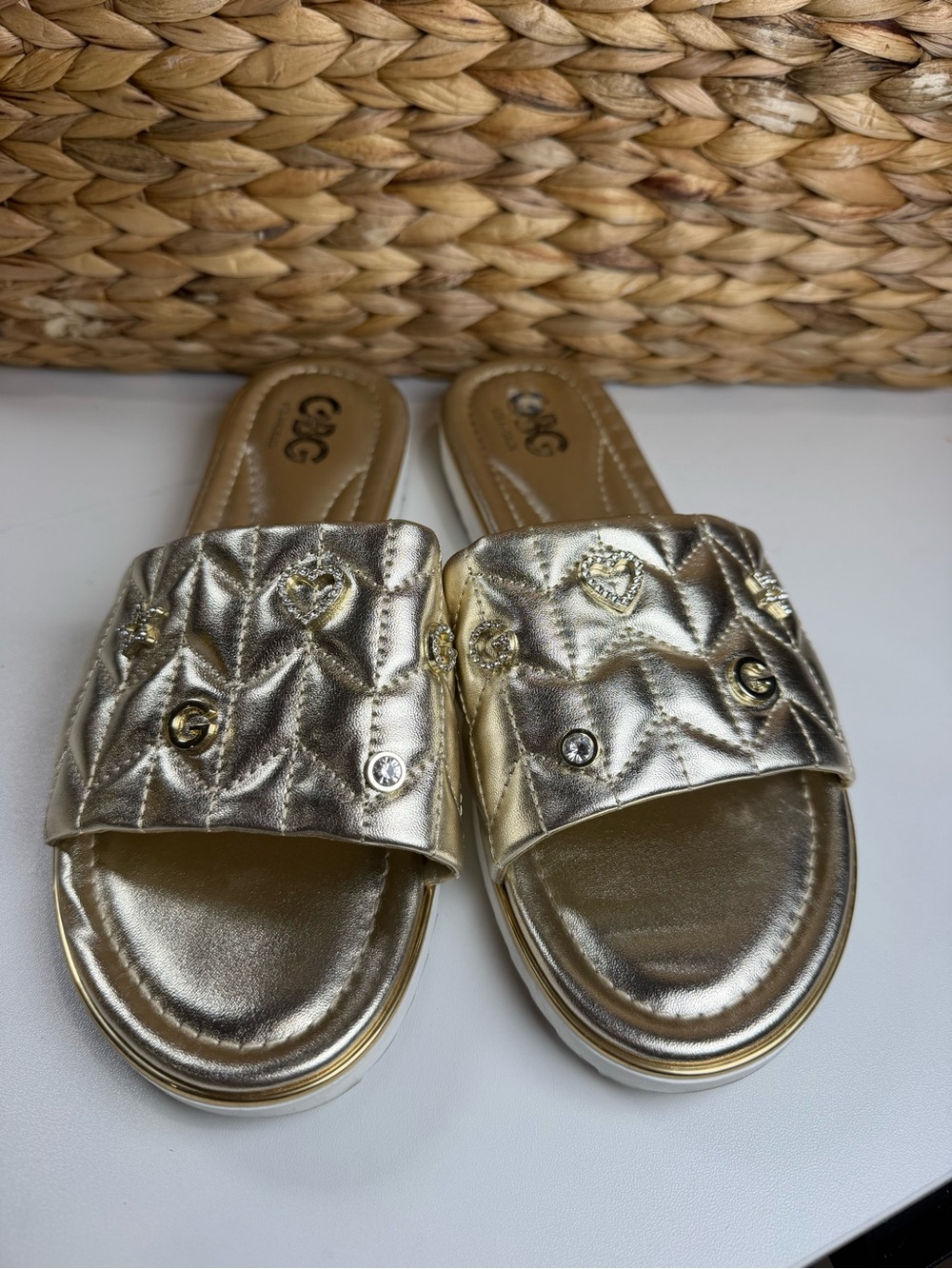 GBG Los Angeles Metallic Gold Quilted Slide Sandals with Stud Accents